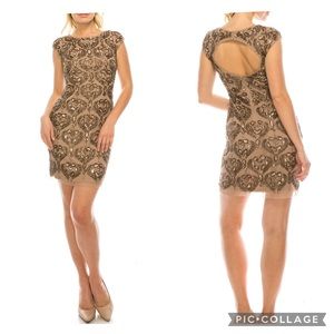 Aidan Mattox crew neck dramatic back beaded dress